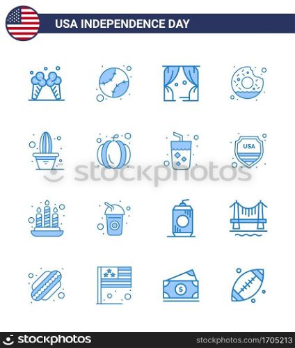 Happy Independence Day Pack of 16 Blues Signs and Symbols for flower; food; entertainment; yummy; donut Editable USA Day Vector Design Elements