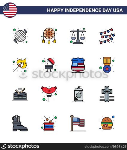 Happy Independence Day Pack of 16 Flat Filled Lines Signs and Symbols for fire  party bulb  western  party decoration  scale Editable USA Day Vector Design Elements
