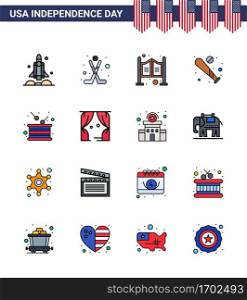 Happy Independence Day Pack of 16 Flat Filled Lines Signs and Symbols for usa; bat; sport; baseball; western Editable USA Day Vector Design Elements