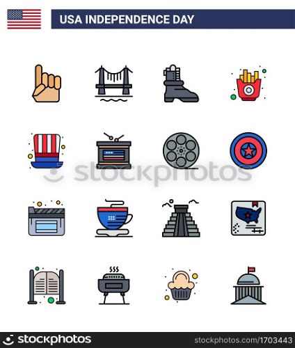Happy Independence Day Pack of 16 Flat Filled Lines Signs and Symbols for presidents; day; shose; chips; food Editable USA Day Vector Design Elements