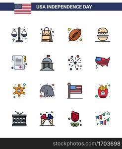 Happy Independence Day Pack of 16 Flat Filled Lines Signs and Symbols for receipt  usa  ball  american  burger Editable USA Day Vector Design Elements