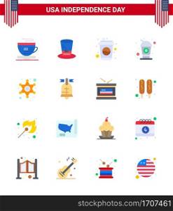 Happy Independence Day Pack of 16 Flats Signs and Symbols for american  ball  cola  police sign  police Editable USA Day Vector Design Elements