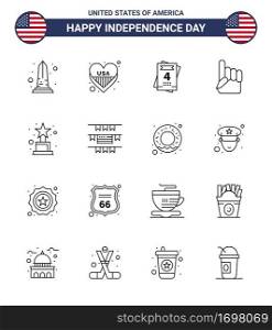 Happy Independence Day Pack of 16 Lines Signs and Symbols for award  american  usa  usa  foam hand Editable USA Day Vector Design Elements