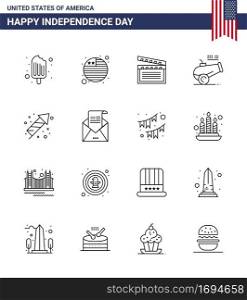Happy Independence Day Pack of 16 Lines Signs and Symbols for fireworks  celebration  movis  mortar  cannon Editable USA Day Vector Design Elements