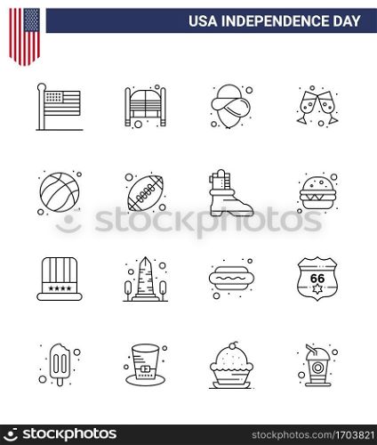 Happy Independence Day Pack of 16 Lines Signs and Symbols for football; american; entrance; wine glass; beer Editable USA Day Vector Design Elements