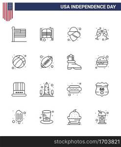 Happy Independence Day Pack of 16 Lines Signs and Symbols for football; american; entrance; wine glass; beer Editable USA Day Vector Design Elements