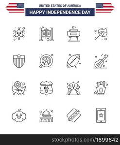 Happy Independence Day Pack of 16 Lines Signs and Symbols for shield; outdoor; barbeque; match; camping Editable USA Day Vector Design Elements