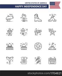 Happy Independence Day Pack of 16 Lines Signs and Symbols for stage  usa  shose  american  tent Editable USA Day Vector Design Elements