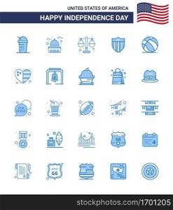 Happy Independence Day Pack of 25 Blues Signs and Symbols for football  seurity  white  shield  scale Editable USA Day Vector Design Elements