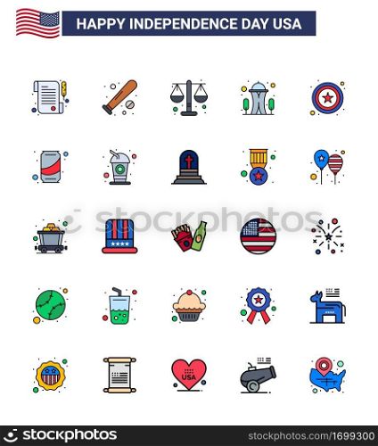 Happy Independence Day Pack of 25 Flat Filled Lines Signs and Symbols for star; space; court; needle; building Editable USA Day Vector Design Elements