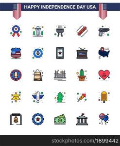 Happy Independence Day Pack of 25 Flat Filled Lines Signs and Symbols for army  gun  barbecue  states  american Editable USA Day Vector Design Elements