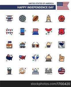 Happy Independence Day Pack of 25 Flat Filled Lines Signs and Symbols for usa  ball  rugby  backetball  building Editable USA Day Vector Design Elements