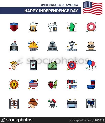 Happy Independence Day Pack of 25 Flat Filled Lines Signs and Symbols for desert; flower; independece; cactus; bottle Editable USA Day Vector Design Elements