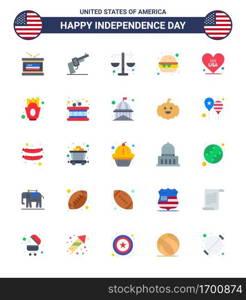 Happy Independence Day Pack of 25 Flats Signs and Symbols for american  heart  court  meal  burger Editable USA Day Vector Design Elements