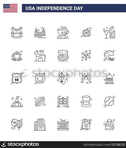 Happy Independence Day Pack of 25 Lines Signs and Symbols for american; drink; tourism; usa festival; american Editable USA Day Vector Design Elements