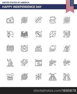 Happy Independence Day Pack of 25 Lines Signs and Symbols for american  hat  badge  cap  holiday Editable USA Day Vector Design Elements