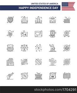 Happy Independence Day Pack of 25 Lines Signs and Symbols for cold  independence  building  holiday  day Editable USA Day Vector Design Elements