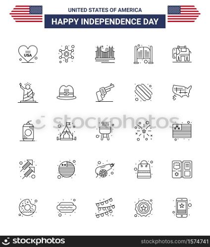 Happy Independence Day Pack of 25 Lines Signs and Symbols for day; doors; bridge; bar; tourism Editable USA Day Vector Design Elements