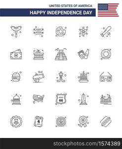Happy Independence Day Pack of 25 Lines Signs and Symbols for money; usa; police; sports; baseball Editable USA Day Vector Design Elements