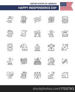 Happy Independence Day Pack of 25 Lines Signs and Symbols for shield  eagle  hot dog  celebration  american Editable USA Day Vector Design Elements
