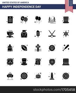 Happy Independence Day Pack of 25 Solid Glyph Signs and Symbols for cup  usa  gate  presidents  day Editable USA Day Vector Design Elements
