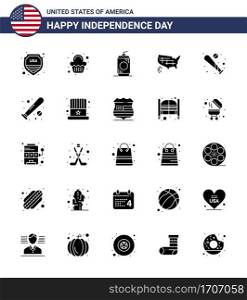 Happy Independence Day Pack of 25 Solid Glyph Signs and Symbols for baseball  usa  bottle  united  map Editable USA Day Vector Design Elements