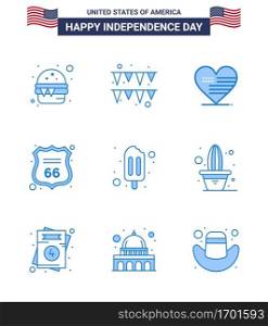 Happy Independence Day Pack of 9 Blues Signs and Symbols for cream  ice cream  love  american  shield Editable USA Day Vector Design Elements