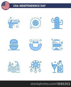 Happy Independence Day Pack of 9 Blues Signs and Symbols for hat  american  usa  usa  eat Editable USA Day Vector Design Elements