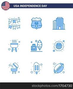 Happy Independence Day Pack of 9 Blues Signs and Symbols for ink bottle  adobe  security  cook  barbecue Editable USA Day Vector Design Elements