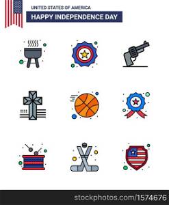 Happy Independence Day Pack of 9 Flat Filled Lines Signs and Symbols for badge; ball; hand; basketball; cross Editable USA Day Vector Design Elements