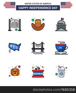 Happy Independence Day Pack of 9 Flat Filled Lines Signs and Symbols for bridge  united  city  states  irish Editable USA Day Vector Design Elements