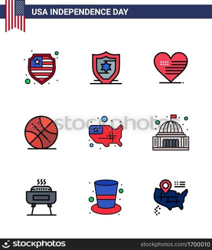 Happy Independence Day Pack of 9 Flat Filled Lines Signs and Symbols for house; place; ball; usa; states Editable USA Day Vector Design Elements