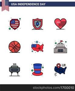 Happy Independence Day Pack of 9 Flat Filled Lines Signs and Symbols for house; place; ball; usa; states Editable USA Day Vector Design Elements