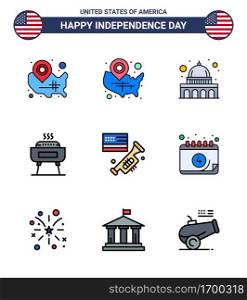 Happy Independence Day Pack of 9 Flat Filled Lines Signs and Symbols for american  laud  wisconsin  speaker  holiday Editable USA Day Vector Design Elements