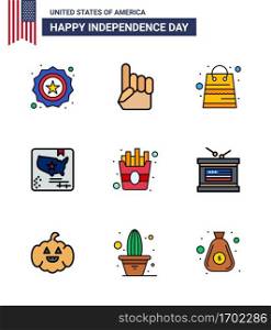 Happy Independence Day Pack of 9 Flat Filled Lines Signs and Symbols for food; world; bag; map; american Editable USA Day Vector Design Elements