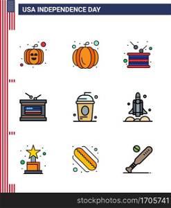 Happy Independence Day Pack of 9 Flat Filled Lines Signs and Symbols for launcher; holiday; drum; drink; cake Editable USA Day Vector Design Elements