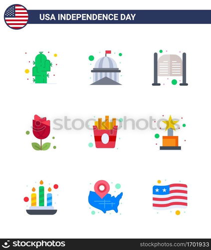 Happy Independence Day Pack of 9 Flats Signs and Symbols for plent; imerican; white; flower; day Editable USA Day Vector Design Elements