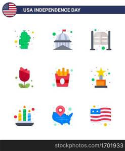 Happy Independence Day Pack of 9 Flats Signs and Symbols for plent; imerican; white; flower; day Editable USA Day Vector Design Elements