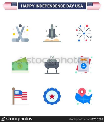 Happy Independence Day Pack of 9 Flats Signs and Symbols for usa  money  transport  dollar  american Editable USA Day Vector Design Elements