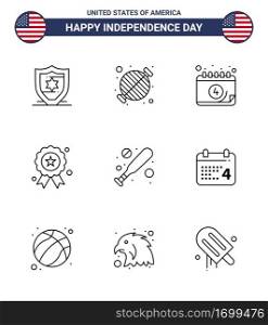 Happy Independence Day Pack of 9 Lines Signs and Symbols for bat  medal  american  independence day  holiday Editable USA Day Vector Design Elements