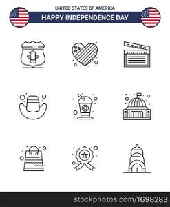 Happy Independence Day Pack of 9 Lines Signs and Symbols for drink  bottle  american  hat  american Editable USA Day Vector Design Elements
