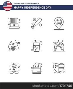 Happy Independence Day Pack of 9 Lines Signs and Symbols for juice  alcohol  location  weapon  canon Editable USA Day Vector Design Elements