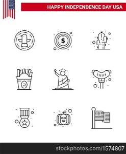 Happy Independence Day Pack of 9 Lines Signs and Symbols for liberty; usa; cactus; food; frise Editable USA Day Vector Design Elements