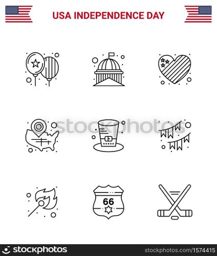 Happy Independence Day Pack of 9 Lines Signs and Symbols for location pin; usa; white; states; love Editable USA Day Vector Design Elements