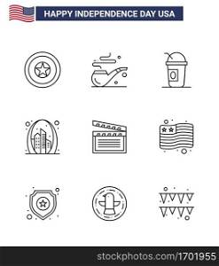 Happy Independence Day Pack of 9 Lines Signs and Symbols for movis  usa  american  landmark  building Editable USA Day Vector Design Elements