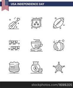 Happy Independence Day Pack of 9 Lines Signs and Symbols for tea; decoration; ball; buntings; american day Editable USA Day Vector Design Elements