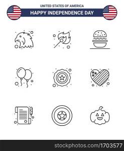Happy Independence Day Pack of 9 Lines Signs and Symbols for usa  police  eat  party  celebrate Editable USA Day Vector Design Elements