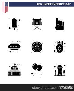 Happy Independence Day Pack of 9 Solid Glyphs Signs and Symbols for star  hot i  foam hand  food  hot dog Editable USA Day Vector Design Elements