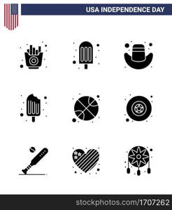 Happy Independence Day Pack of 9 Solid Glyphs Signs and Symbols for day; ball; cap; basketball; food Editable USA Day Vector Design Elements