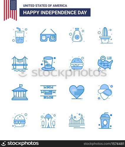 Happy Independence Day USA Pack of 16 Creative Blues of building; pot; dollar; plant; cactus Editable USA Day Vector Design Elements